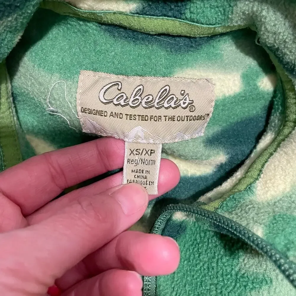 Cabela's Brand Green Camo Fleece Zip Up Jacket Size Youth XS Outdoor Unisex Coat